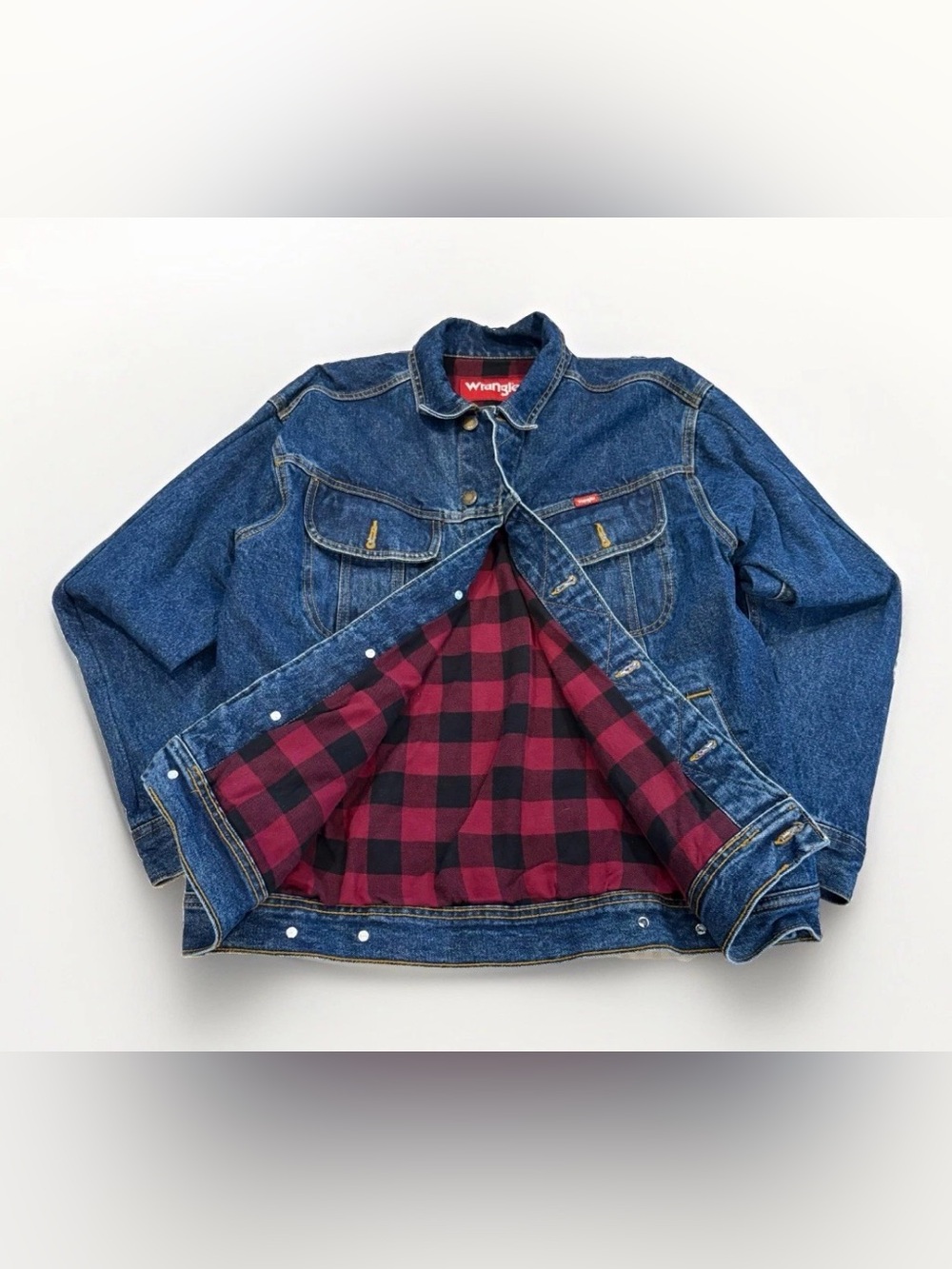 Wrangler Denim Jacket Flannel Lined Size Medium Trucker Vintage Plaid Classic